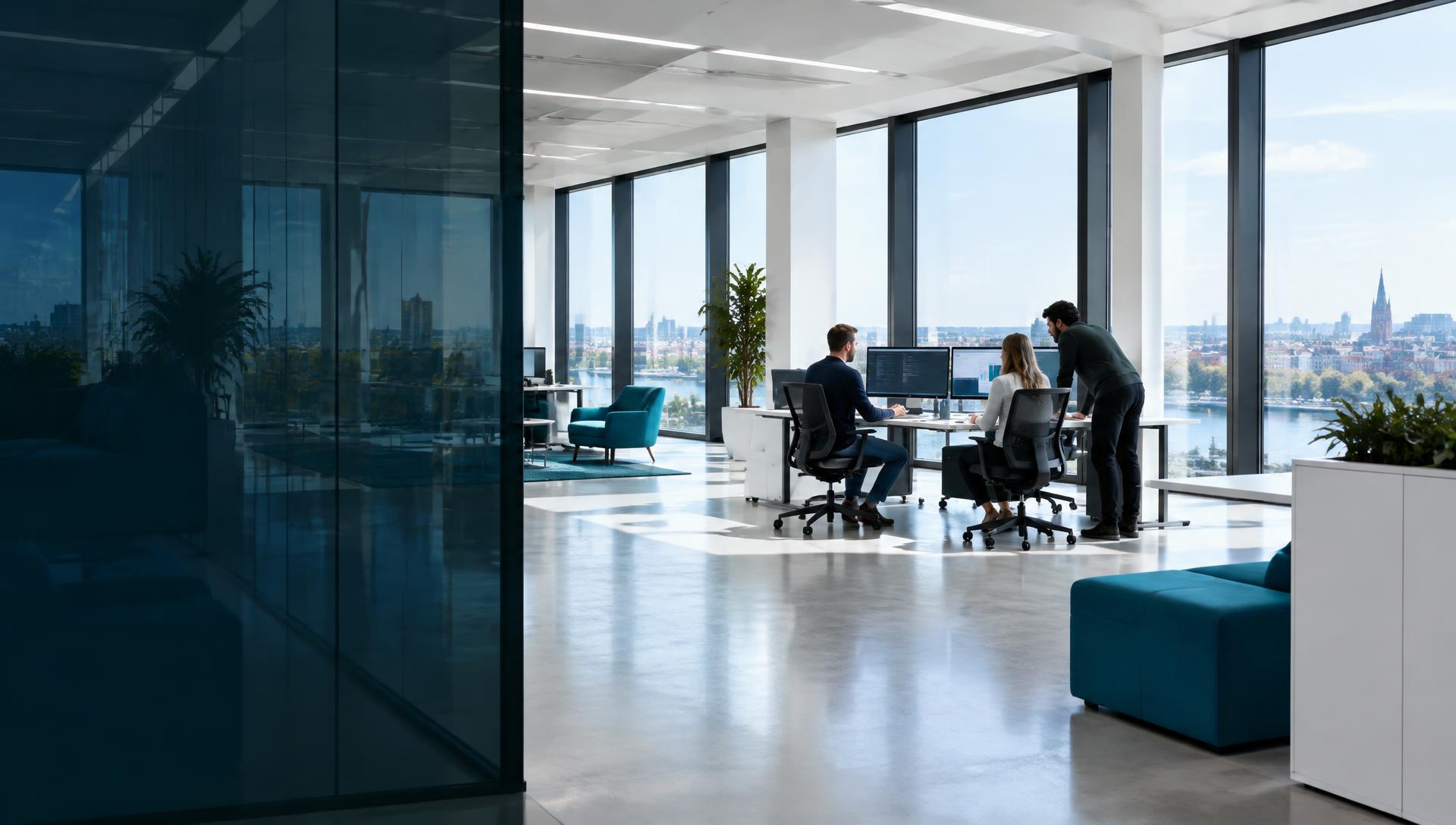 Technology professionals collaborating in a bright modern office